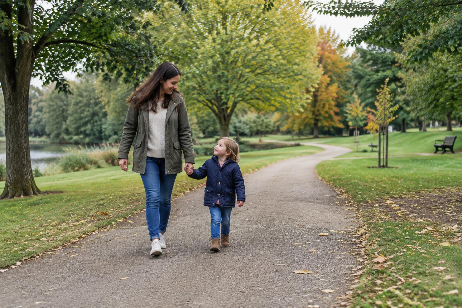 Illustrative family walking along an open park path